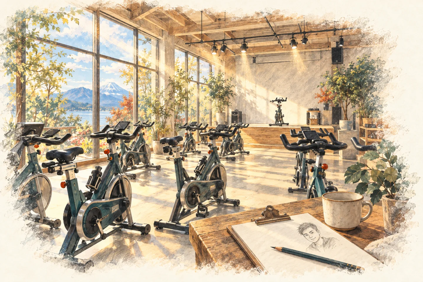 描绘单车房布局、课程灯光和工作手记的概念插画